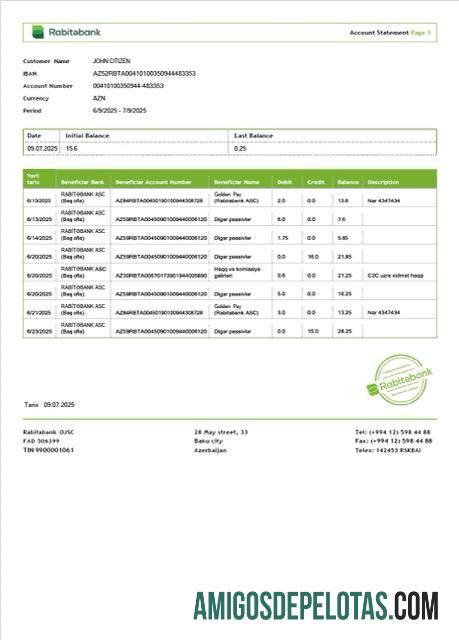 Modelo realista de extrato de conta bancária Rabitəbank do Azerbaijão modelo Word e PDF
